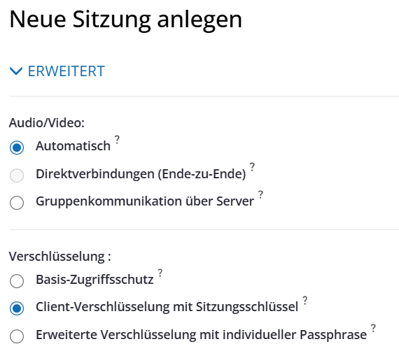 Verschlüsselungseinstellungen der Sitzung