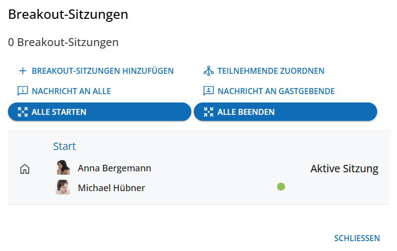 Dialog zur Verwaltung der Breakout-Sitzungen