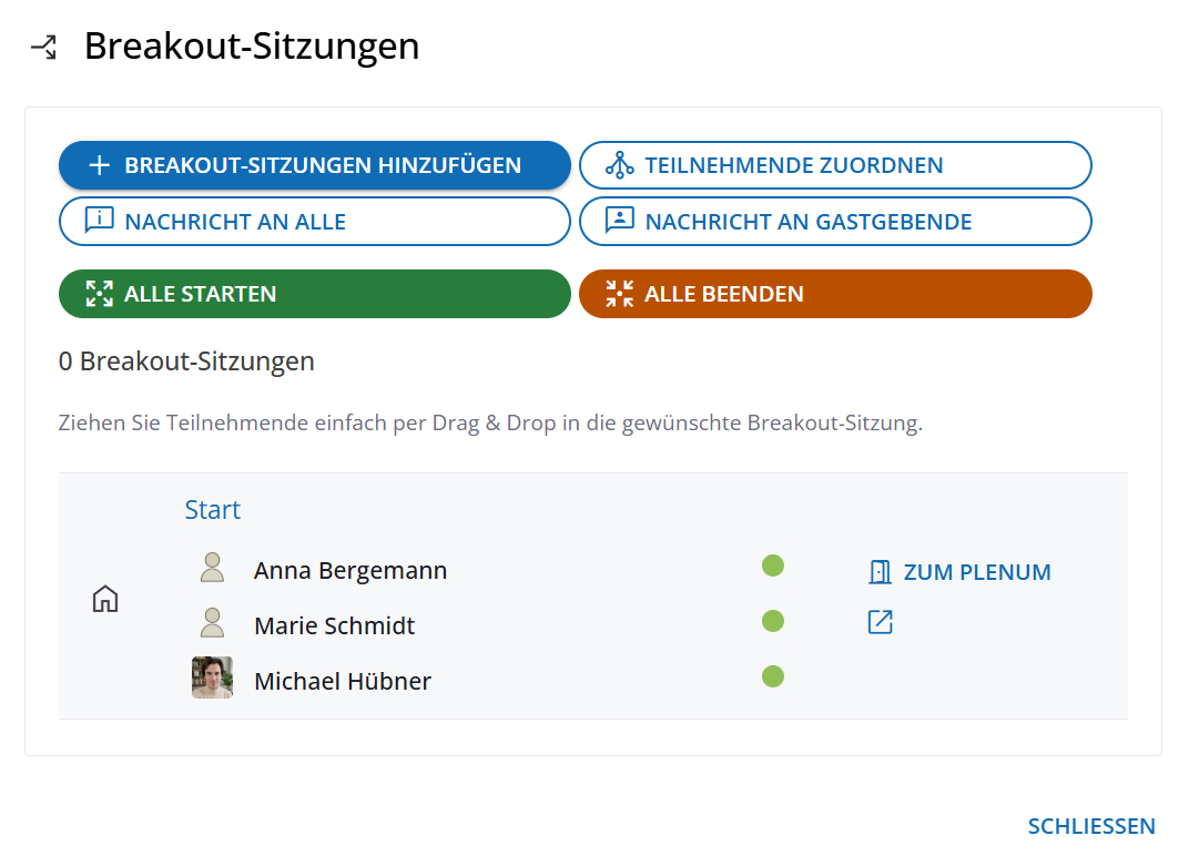 Dialog zur Verwaltung der Breakout-Sitzungen